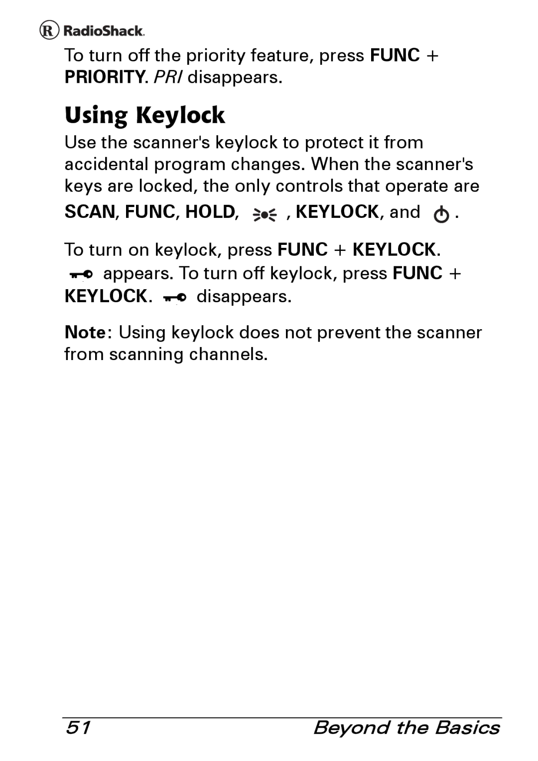 Radio Shack PRO-83 manual Using Keylock, Scan, Func, Hold, , Keylock 