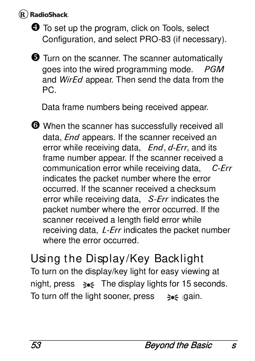 Radio Shack PRO-83 manual Using the Display/Key Backlight 