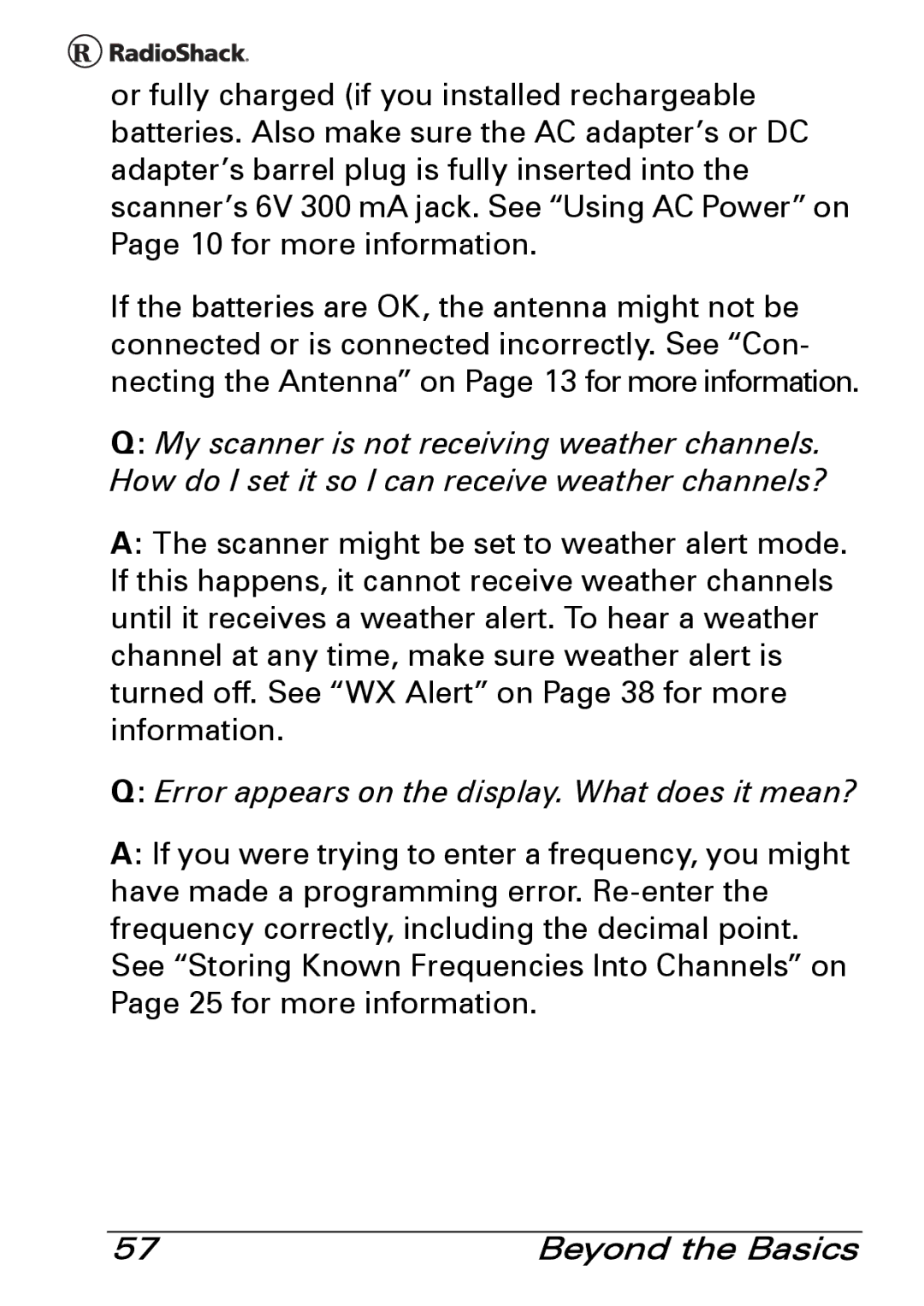 Radio Shack PRO-83 manual Error appears on the display. What does it mean? 