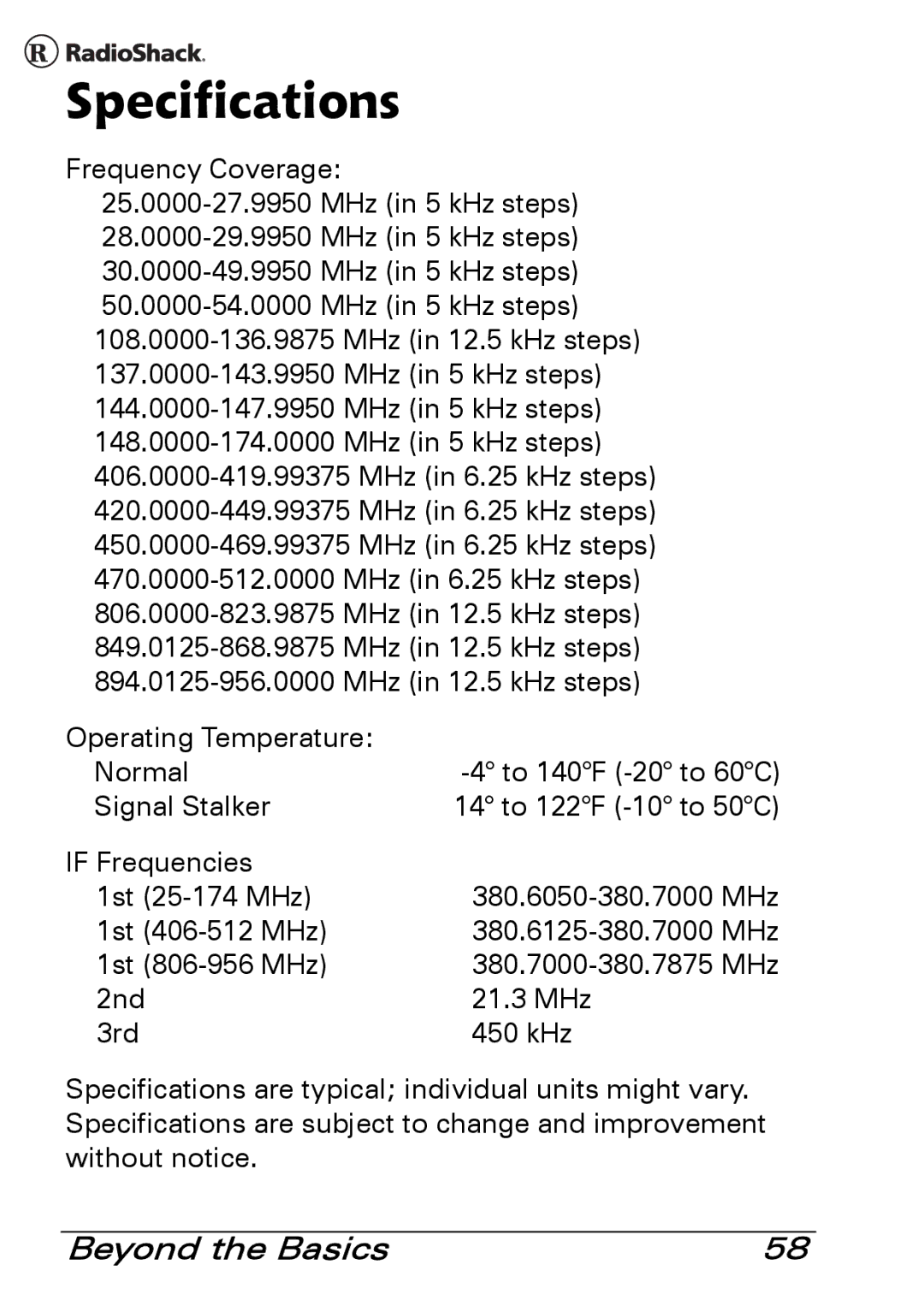 Radio Shack PRO-83 manual Specifications 