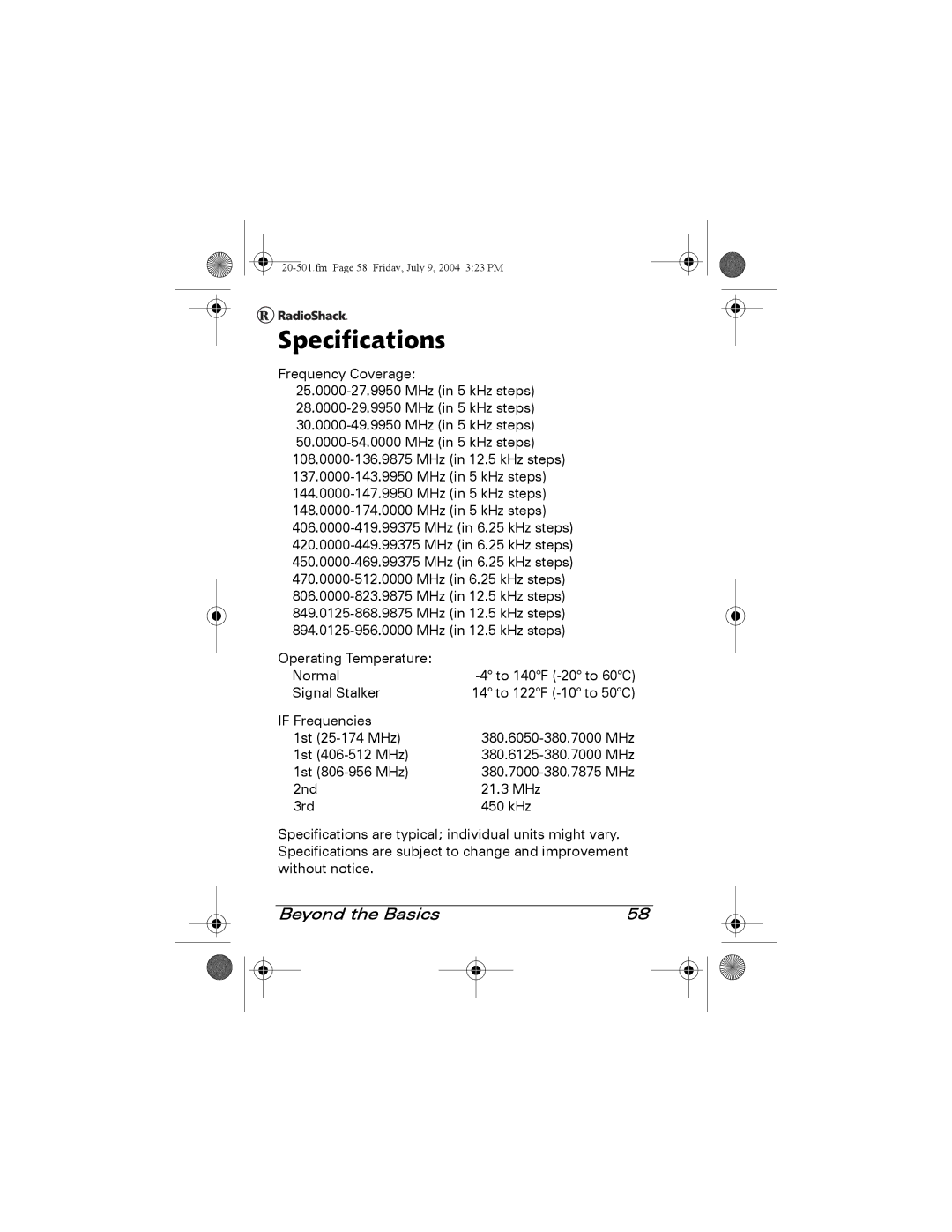 Radio Shack PRO-83 manual Specifications 