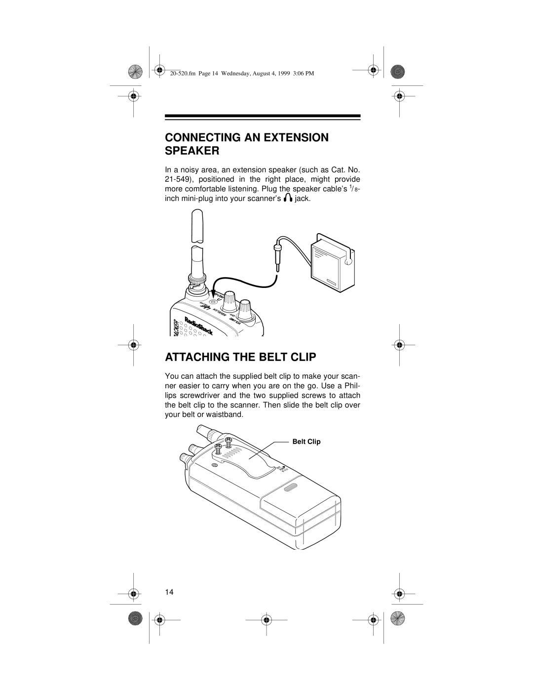 Radio Shack PRO-90 owner manual Connecting An Extension Speaker, Attaching The Belt Clip 