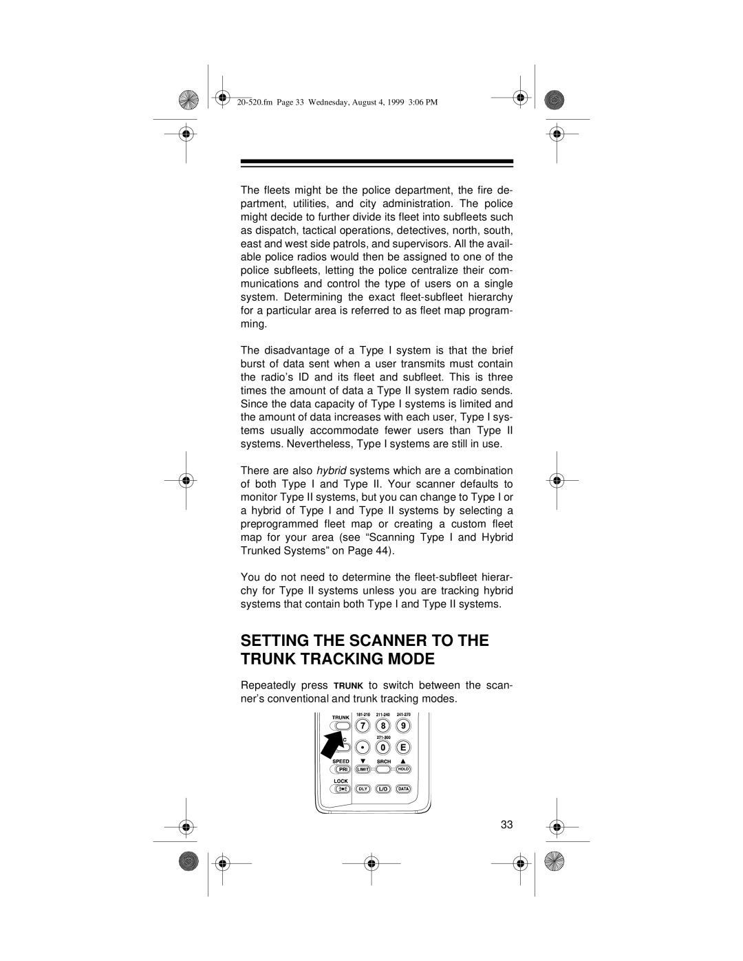 Radio Shack PRO-90 owner manual Setting The Scanner To The Trunk Tracking Mode, fm Page 33 Wednesday, August 4, 1999 306 PM 
