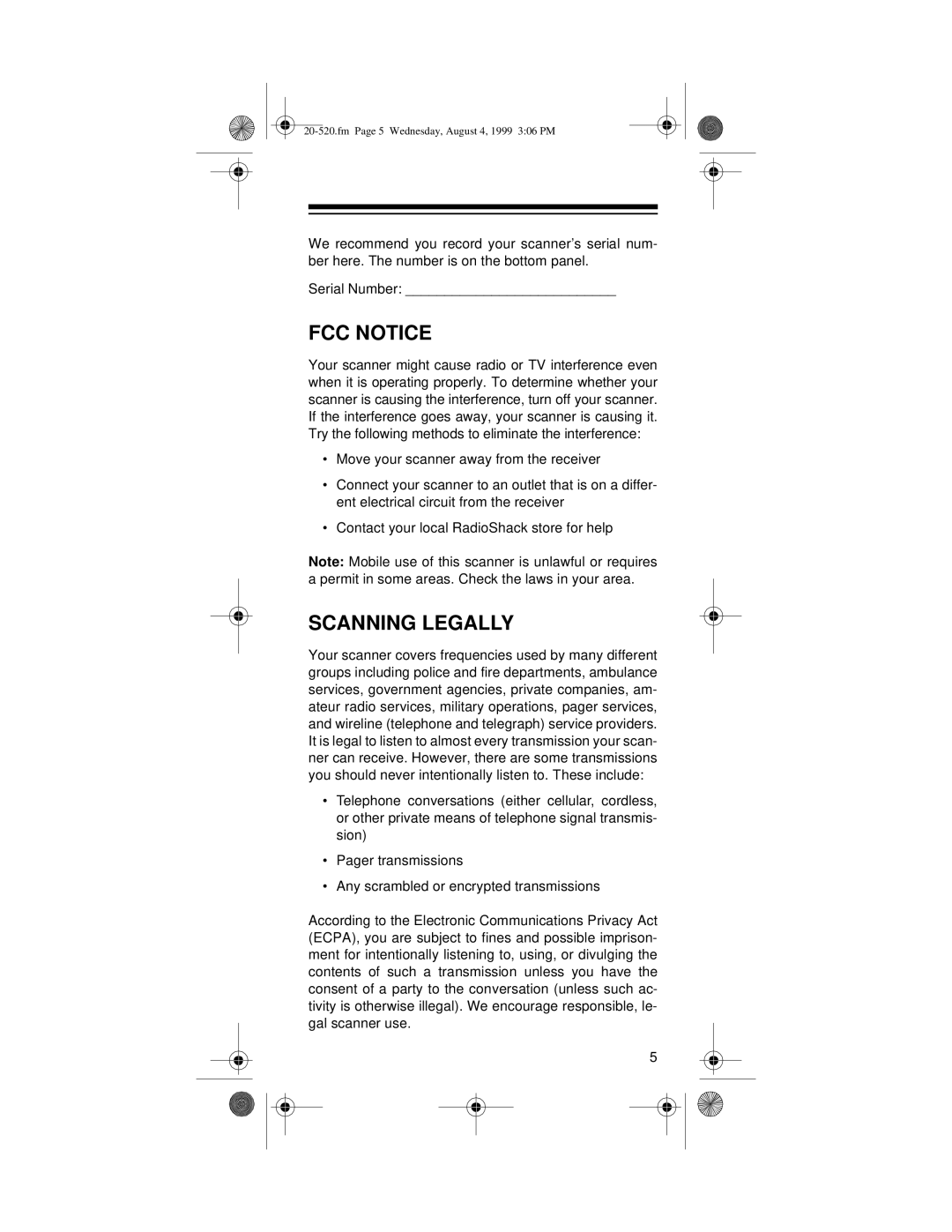 Radio Shack PRO-90 owner manual Fcc Notice, Scanning Legally 
