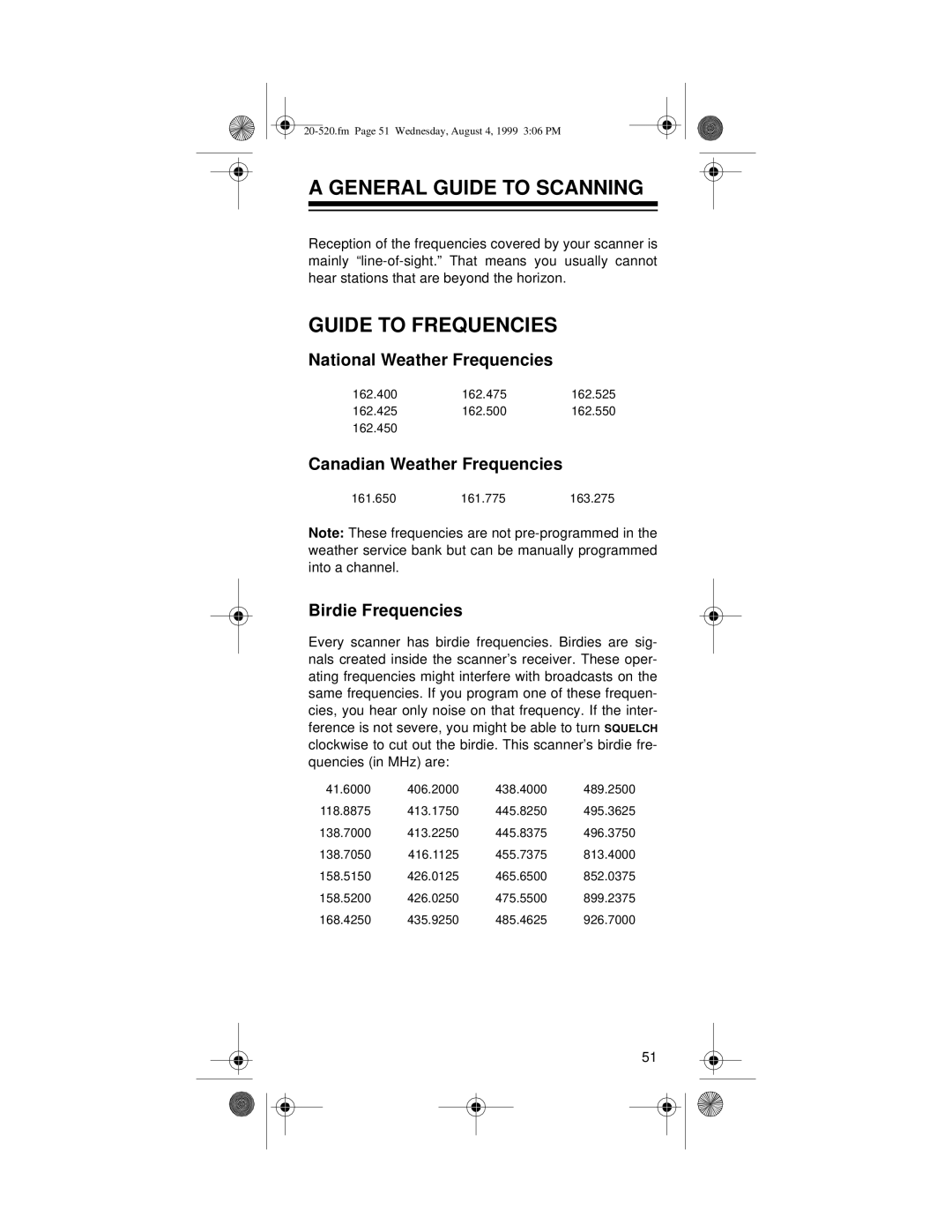 Radio Shack PRO-90 A General Guide To Scanning, Guide To Frequencies, National Weather Frequencies, Birdie Frequencies 