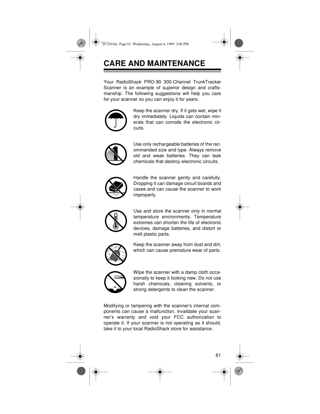Radio Shack PRO-90 owner manual Care And Maintenance, fm Page 61 Wednesday, August 4, 1999 306 PM 