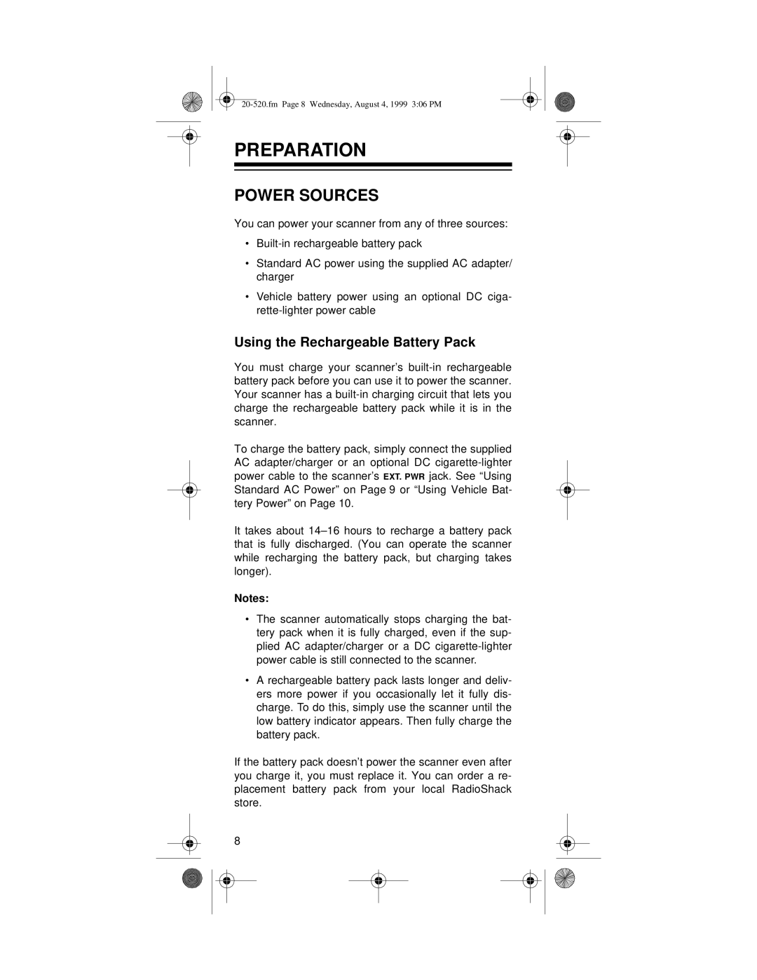 Radio Shack PRO-90 owner manual Preparation, Power Sources, Using the Rechargeable Battery Pack 