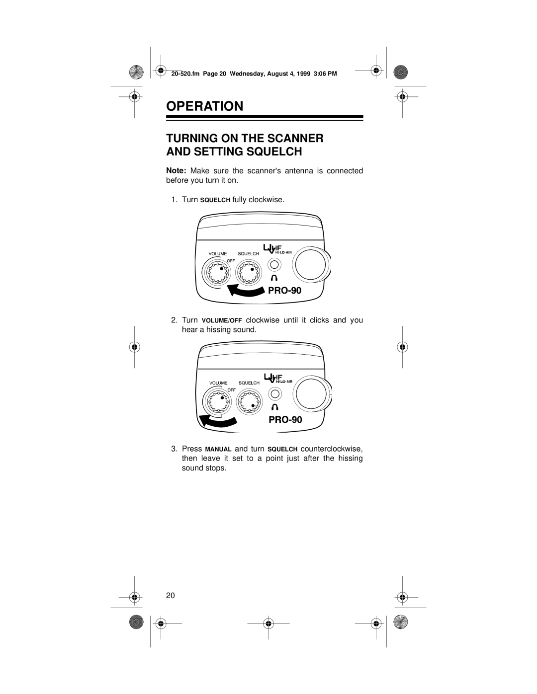 Radio Shack PRO-90 owner manual Operation, Turning on the Scanner and Setting Squelch 