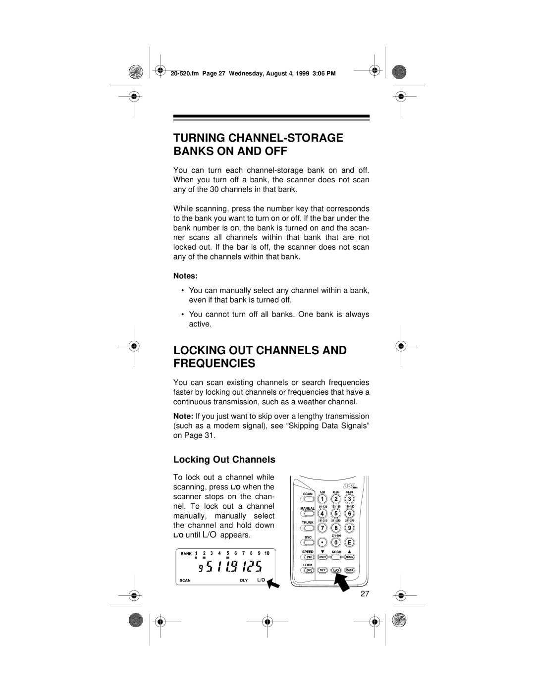 Radio Shack PRO-90 Turning CHANNEL-STORAGE Banks on and OFF, Locking OUT Channels and Frequencies, Locking Out Channels 