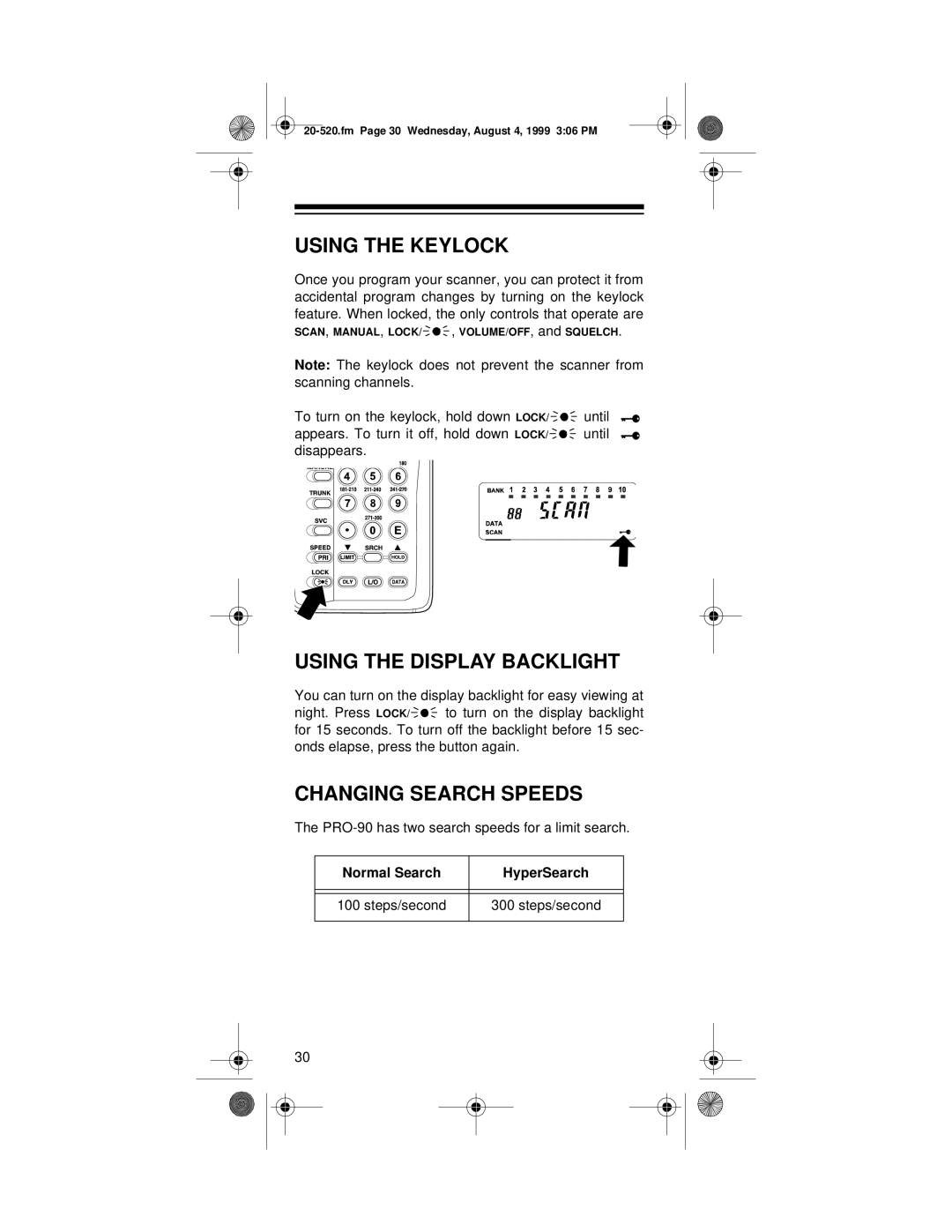 Radio Shack PRO-90 Using the Keylock, Using the Display Backlight, Changing Search Speeds, Normal Search HyperSearch 