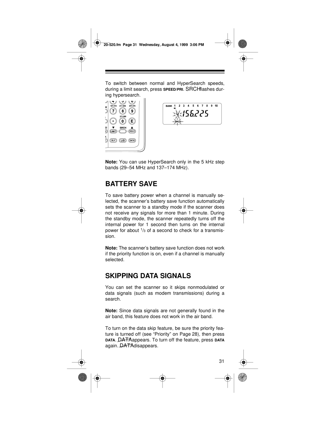 Radio Shack PRO-90 owner manual Battery Save, Skipping Data Signals 