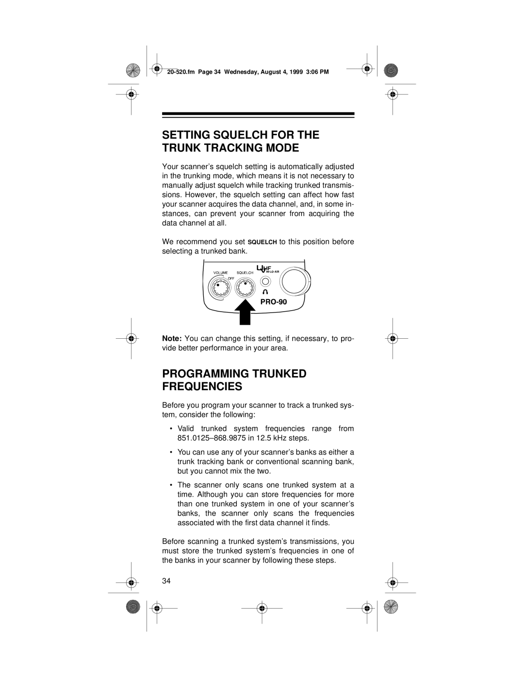 Radio Shack PRO-90 owner manual Setting Squelch for the Trunk Tracking Mode, Programming Trunked Frequencies 