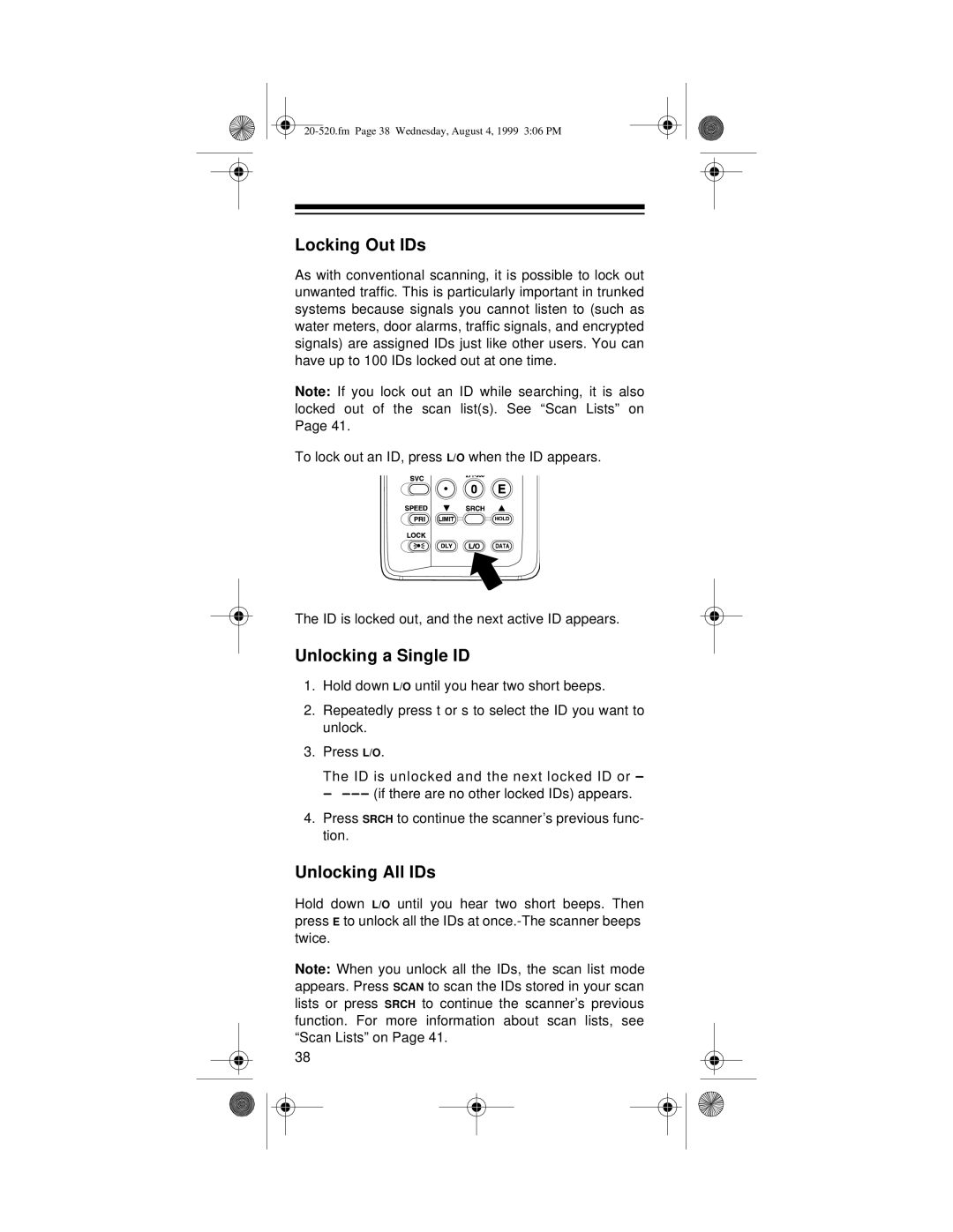 Radio Shack PRO-90 owner manual Locking Out IDs, Unlocking a Single ID, Unlocking All IDs 