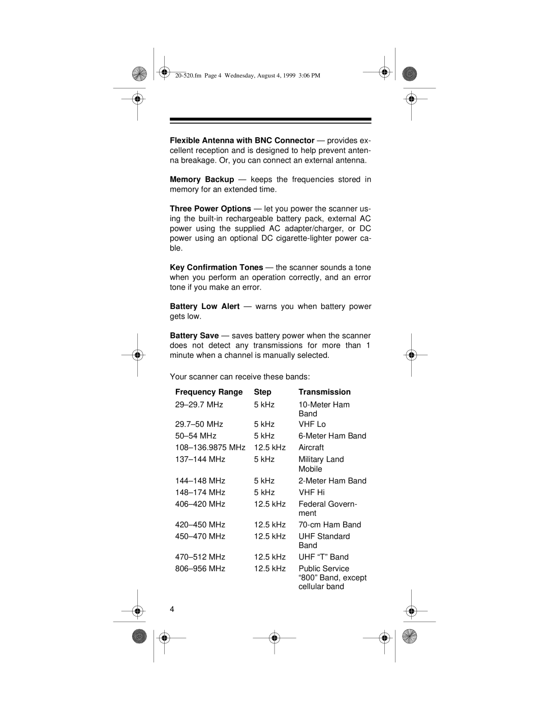 Radio Shack PRO-90 owner manual Frequency Range Step Transmission 