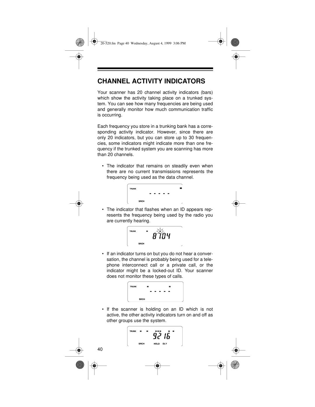 Radio Shack PRO-90 owner manual Channel Activity Indicators 