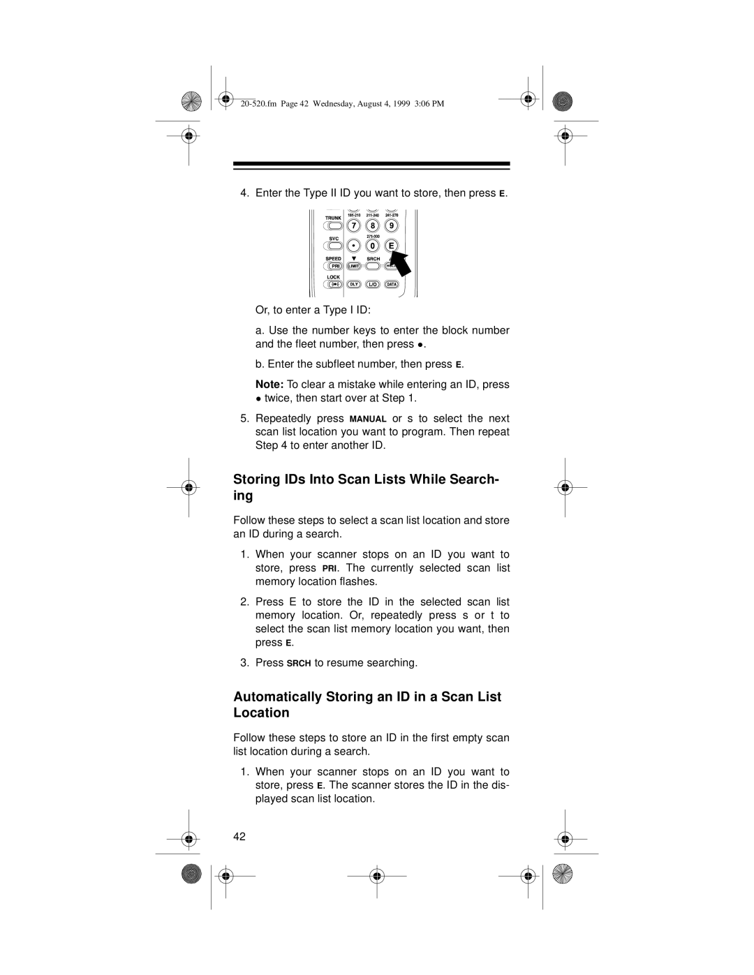 Radio Shack PRO-90 Storing IDs Into Scan Lists While Search- ing, Automatically Storing an ID in a Scan List Location 