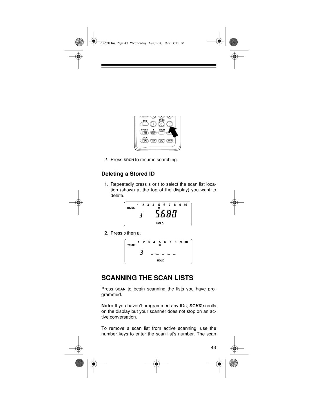 Radio Shack PRO-90 owner manual Scanning the Scan Lists, Deleting a Stored ID 