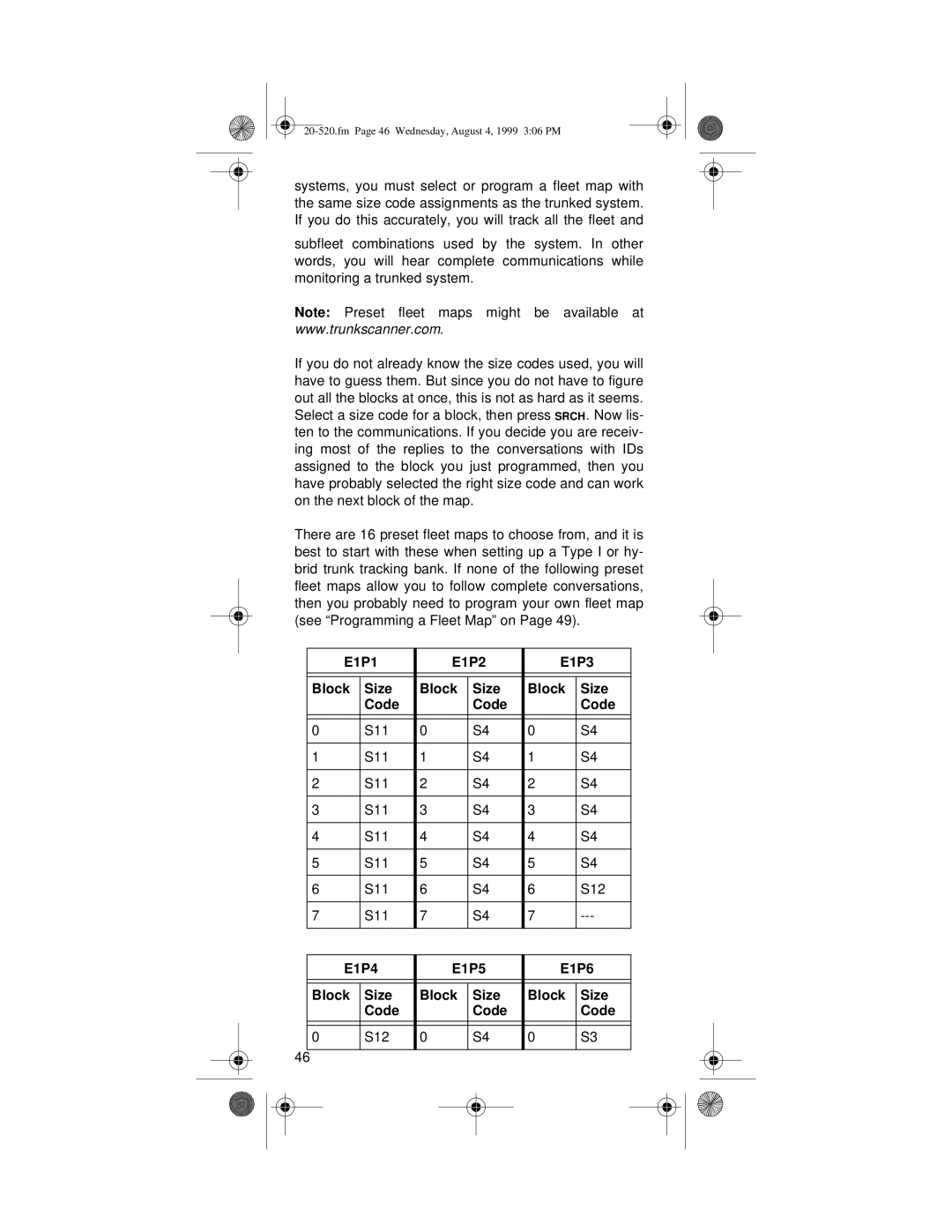 Radio Shack PRO-90 owner manual E1P1 E1P2 E1P3 Block Size Code, E1P4 E1P5 E1P6 Block Size Code S12 