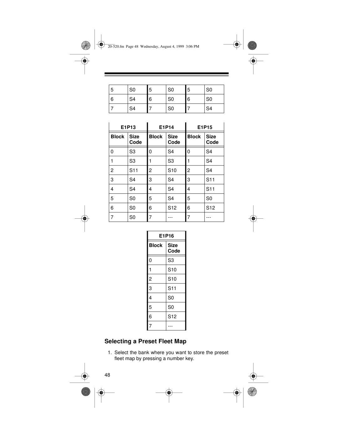 Radio Shack PRO-90 owner manual Selecting a Preset Fleet Map, E1P13 E1P14 E1P15 Block Size Code, E1P16 Block Size Code 