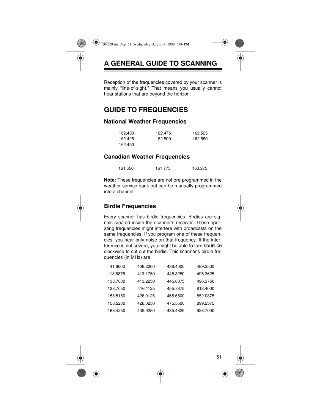 Radio Shack PRO-90 General Guide to Scanning, Guide to Frequencies, National Weather Frequencies, Birdie Frequencies 