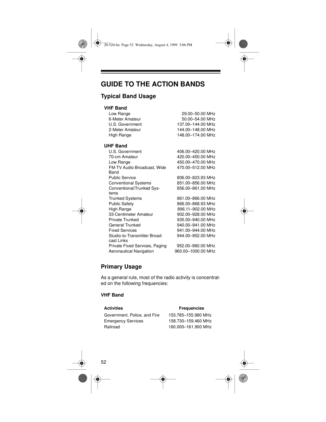 Radio Shack PRO-90 owner manual Guide to the Action Bands, Typical Band Usage, Primary Usage, VHF Band, UHF Band 