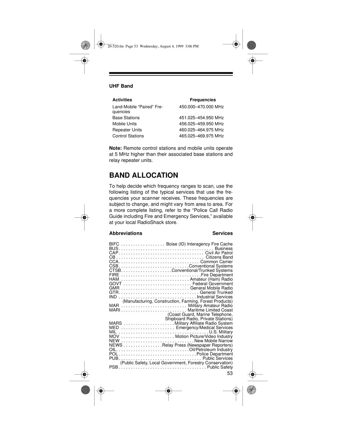 Radio Shack PRO-90 owner manual Band Allocation, Abbreviations Services 