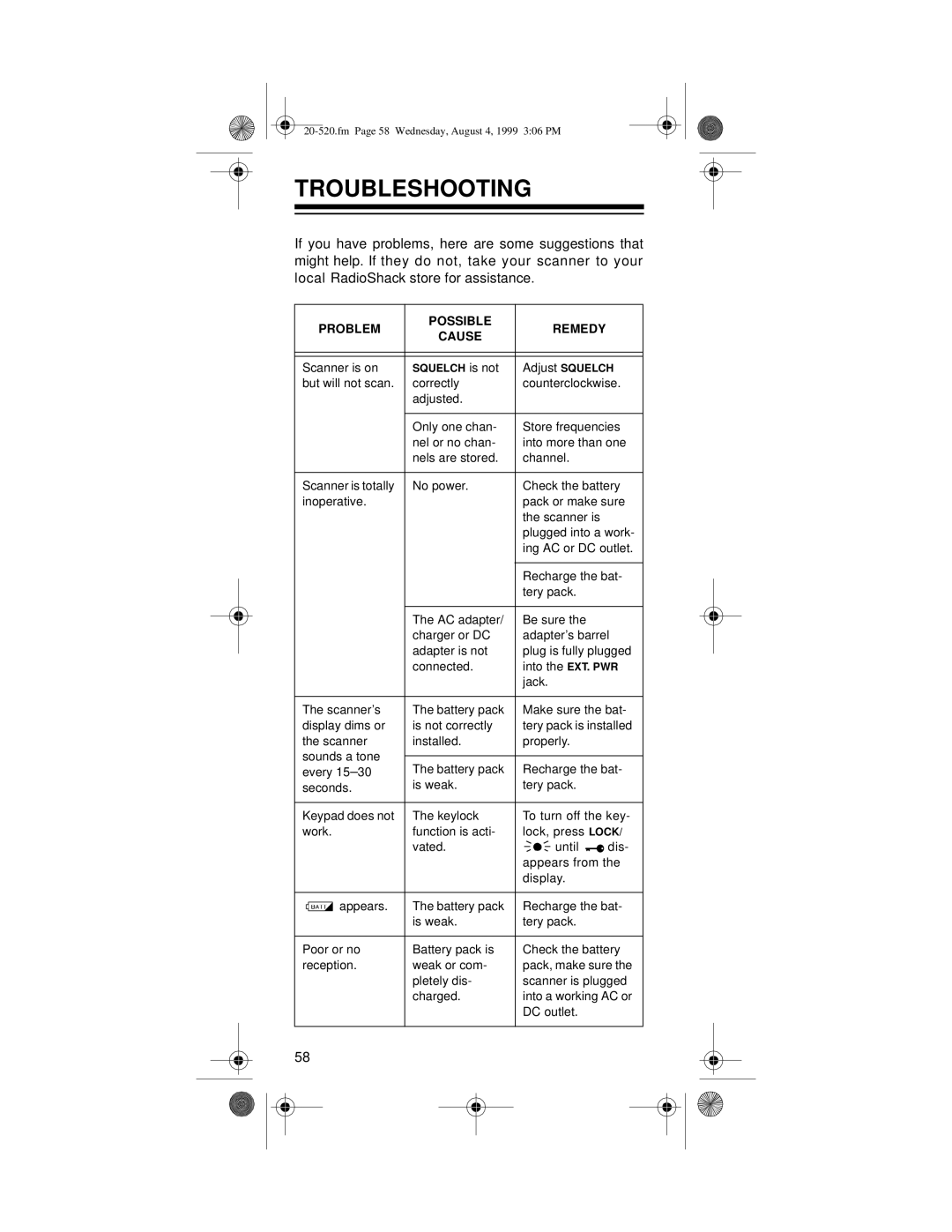 Radio Shack PRO-90 owner manual Troubleshooting, Problem Possible Remedy Cause 