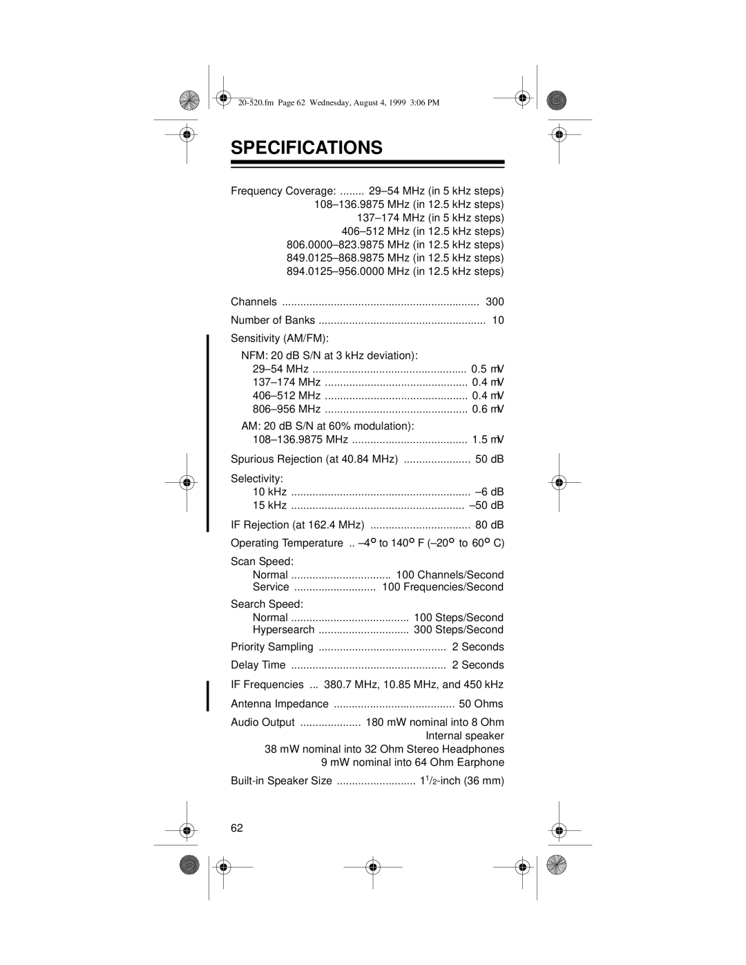 Radio Shack PRO-90 owner manual Specifications 