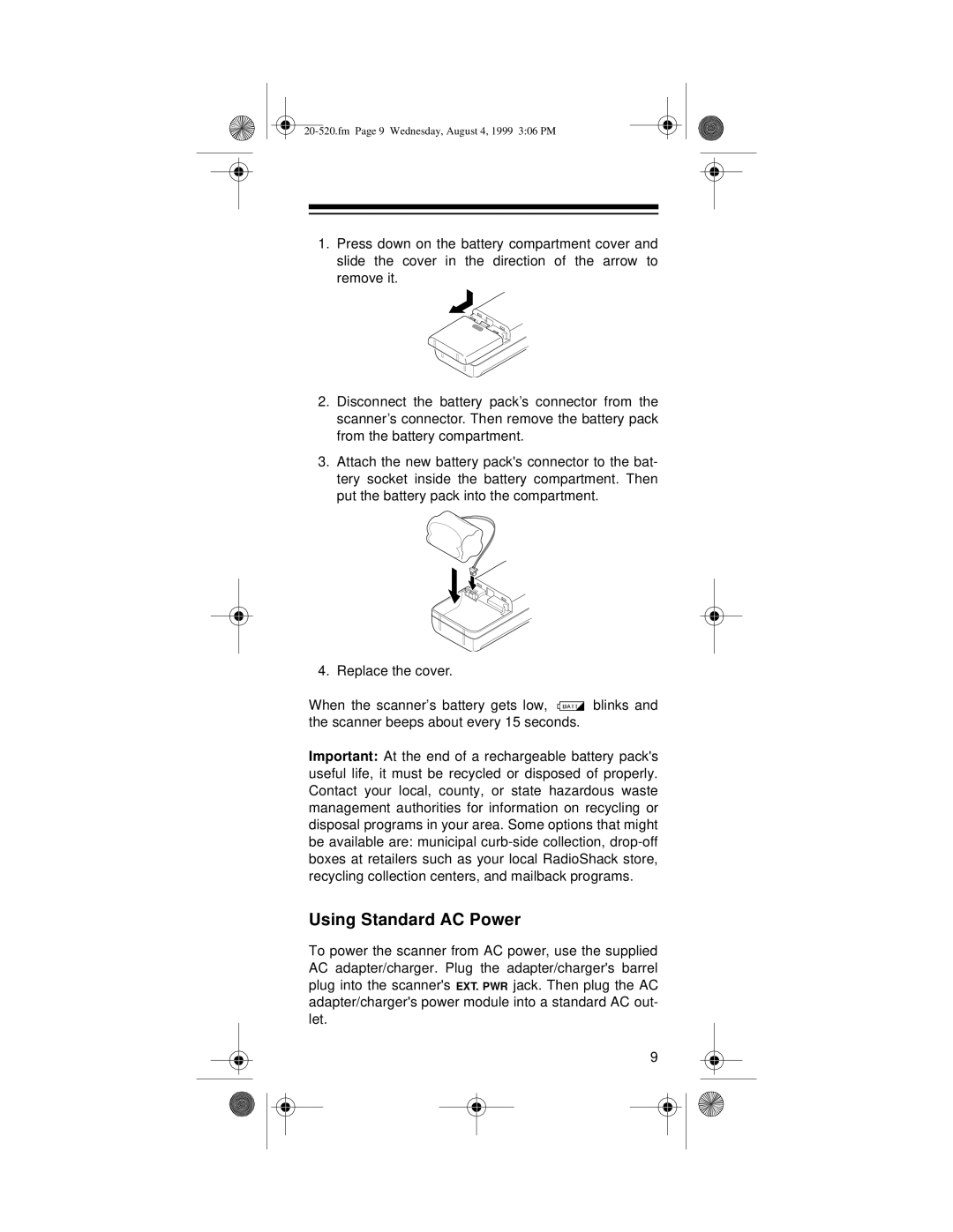 Radio Shack PRO-90 owner manual Using Standard AC Power 