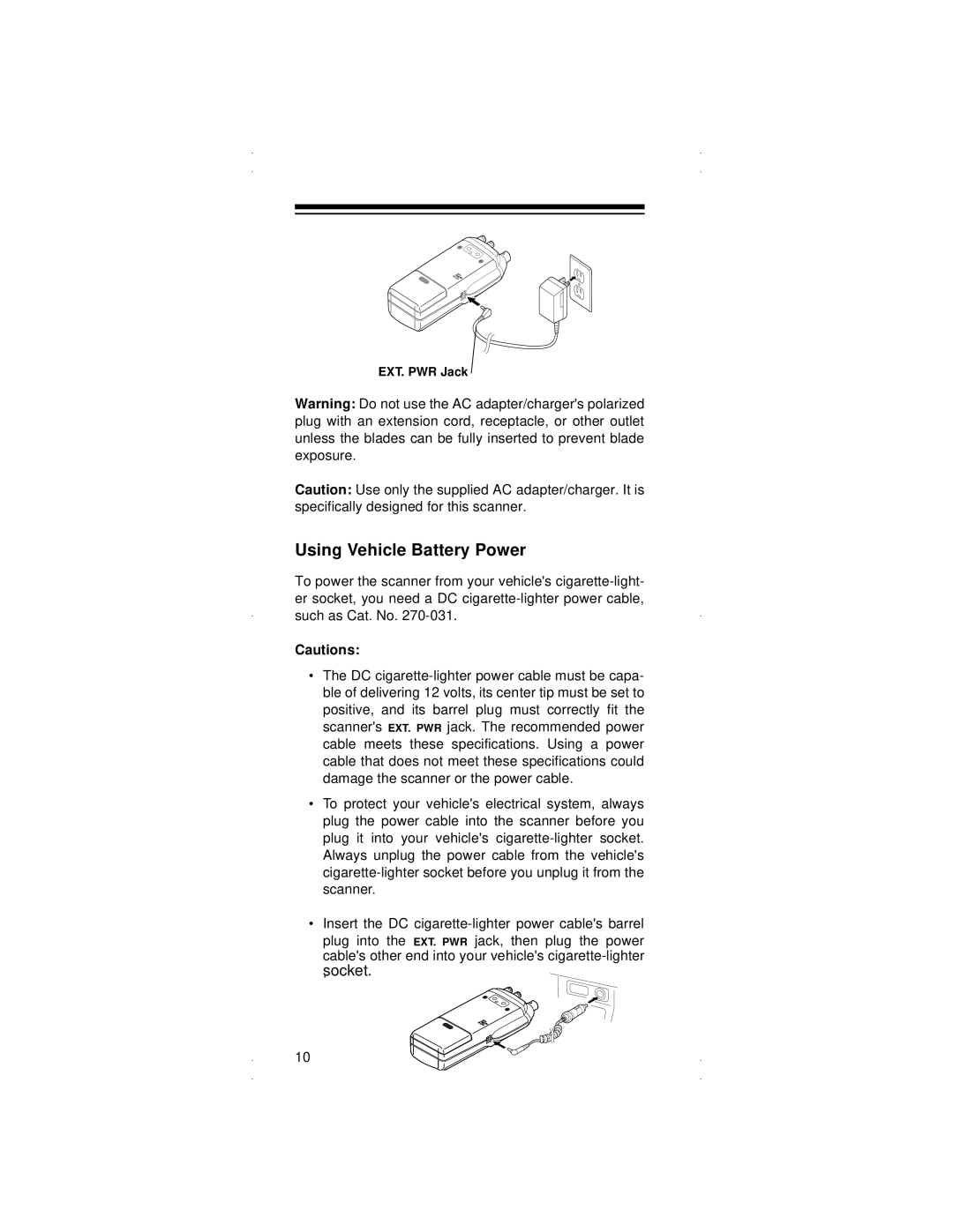 Radio Shack PRO-90 owner manual Using Vehicle Battery Power, Socket 