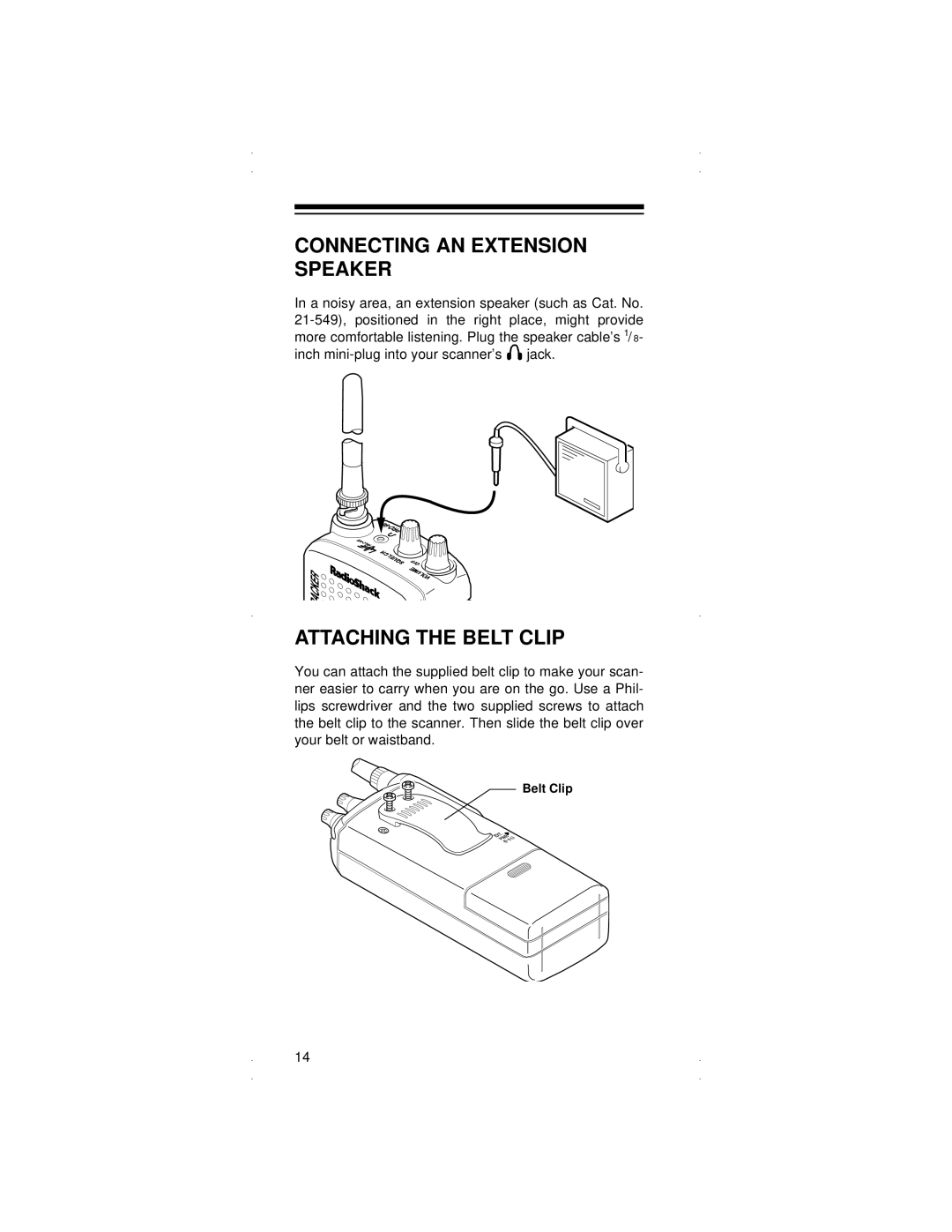 Radio Shack PRO-90 owner manual Connecting AN Extension Speaker, Attaching the Belt Clip 