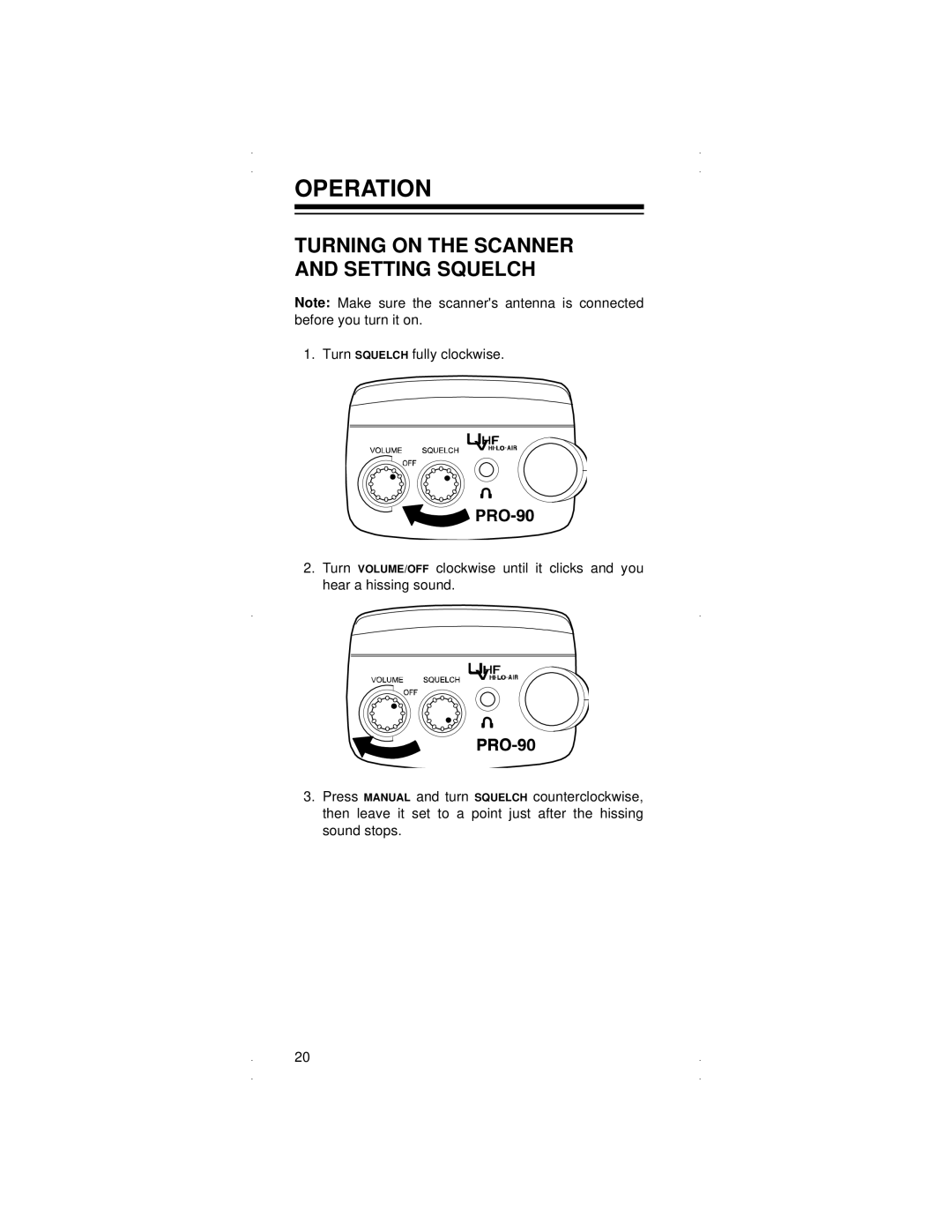 Radio Shack PRO-90 owner manual Operation, Turning on the Scanner and Setting Squelch 