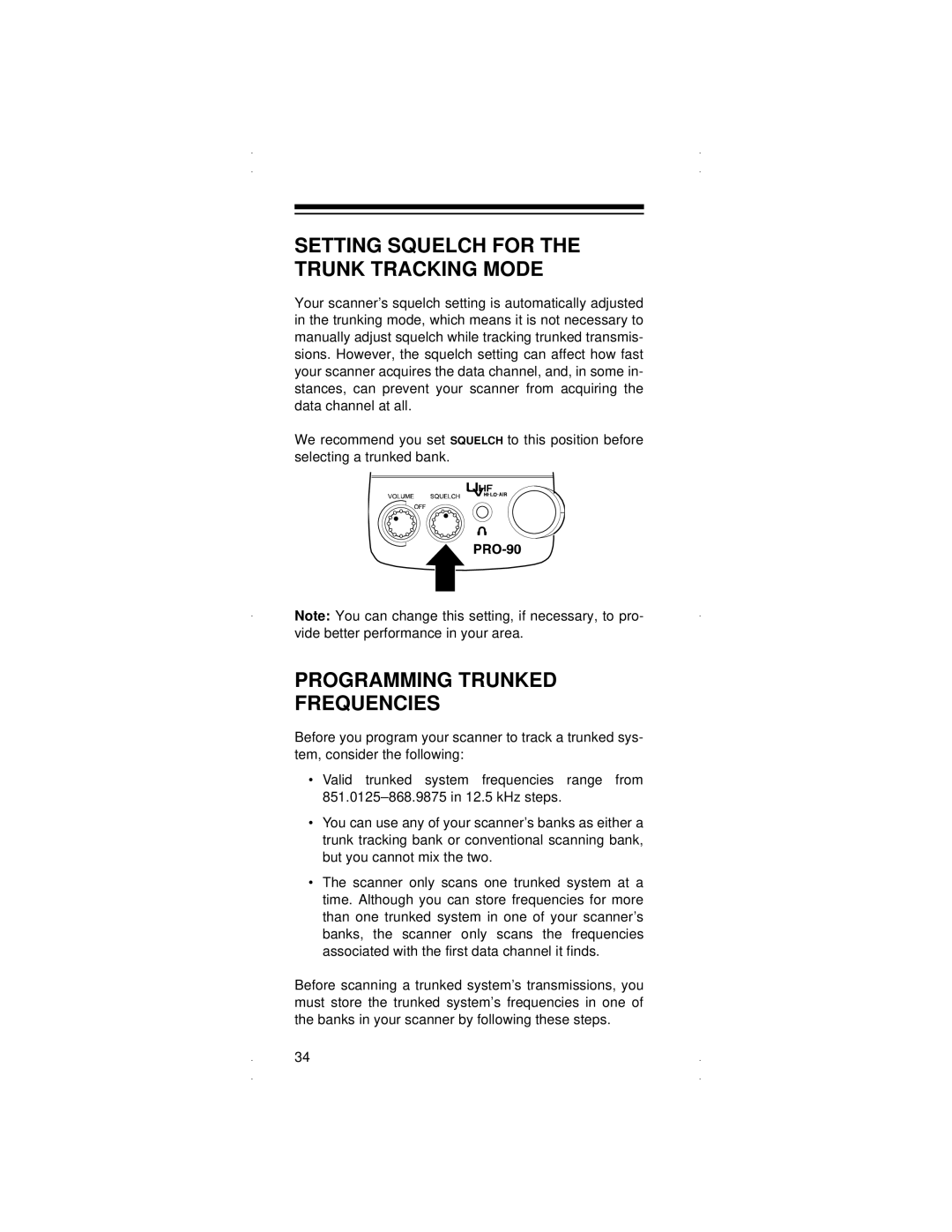 Radio Shack PRO-90 owner manual Setting Squelch for the Trunk Tracking Mode, Programming Trunked Frequencies 