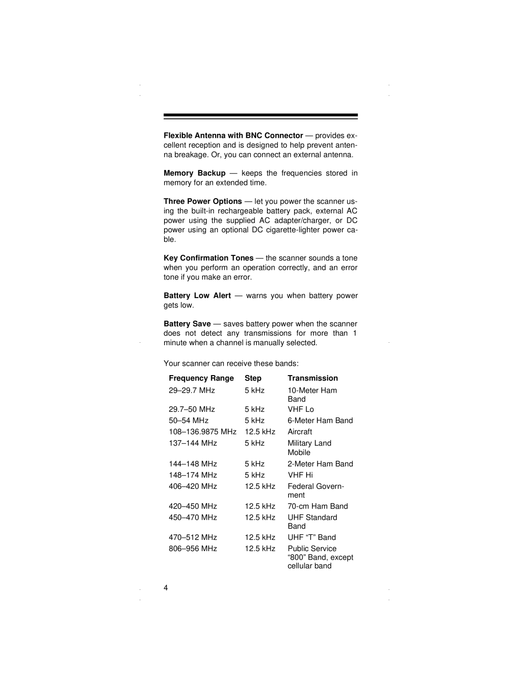 Radio Shack PRO-90 owner manual Frequency Range Step Transmission 