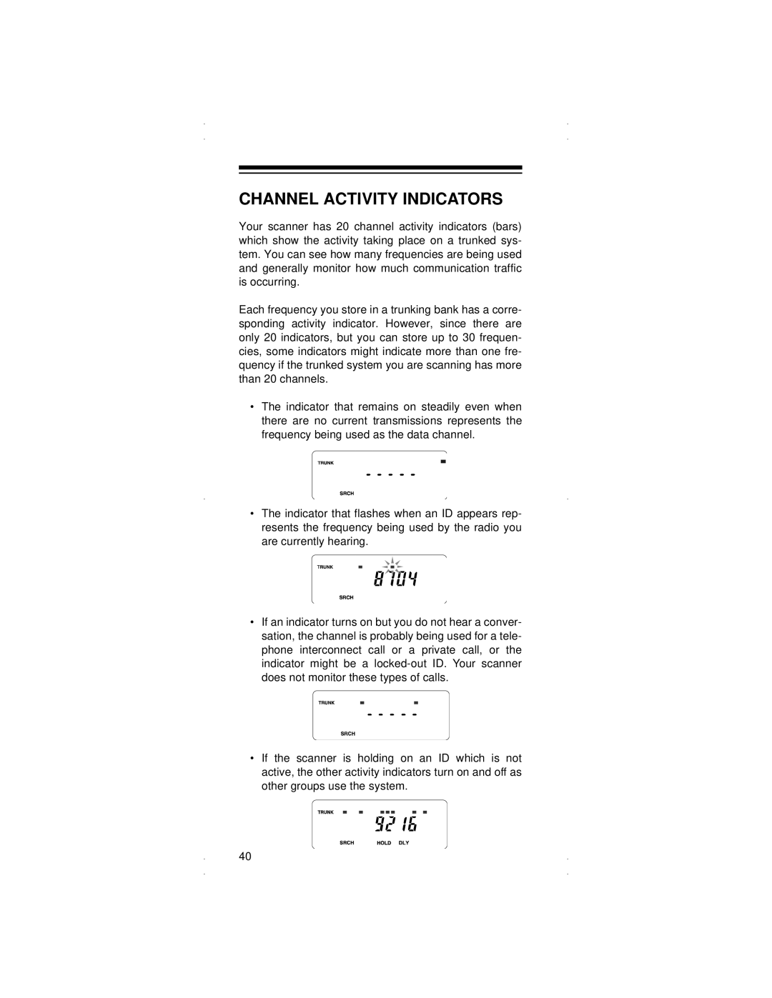 Radio Shack PRO-90 owner manual Channel Activity Indicators 