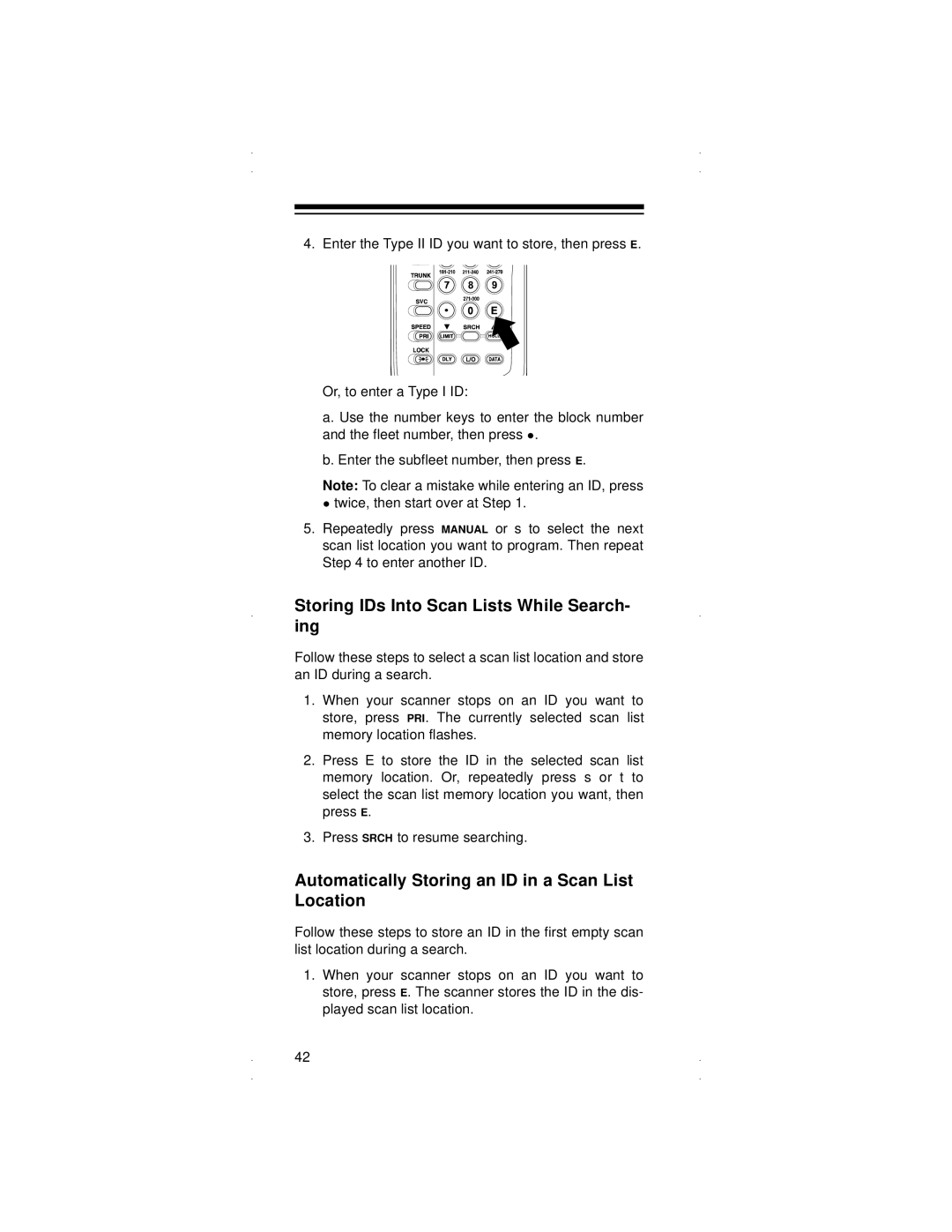 Radio Shack PRO-90 Storing IDs Into Scan Lists While Search- ing, Automatically Storing an ID in a Scan List Location 