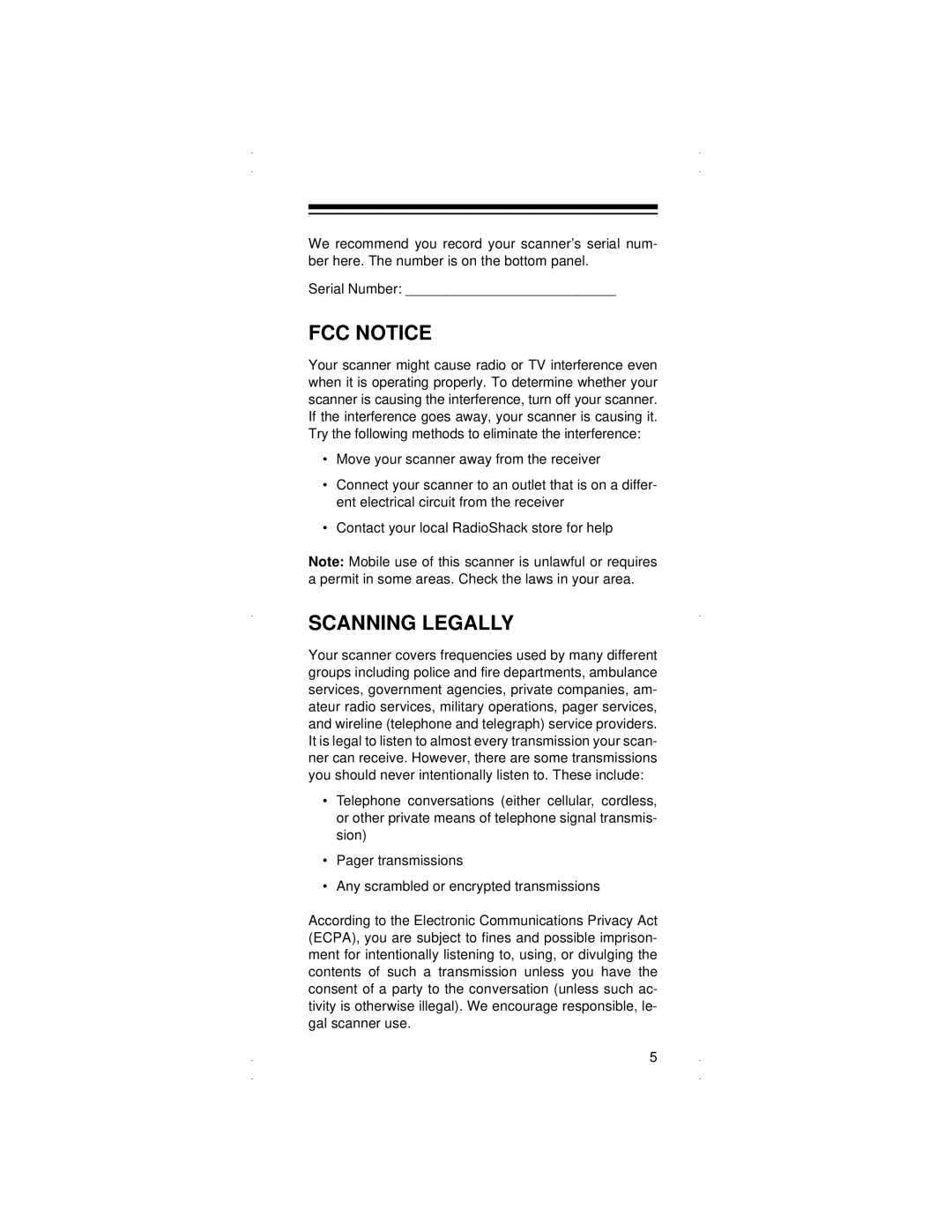 Radio Shack PRO-90 owner manual FCC Notice, Scanning Legally 