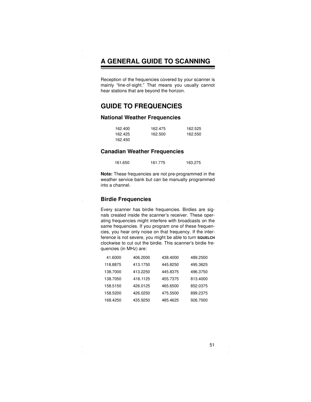 Radio Shack PRO-90 General Guide to Scanning, Guide to Frequencies, National Weather Frequencies, Birdie Frequencies 