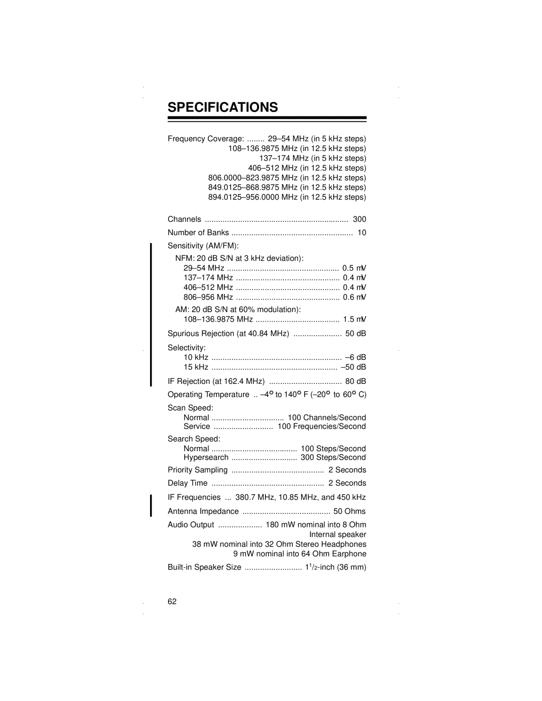 Radio Shack PRO-90 owner manual Specifications 