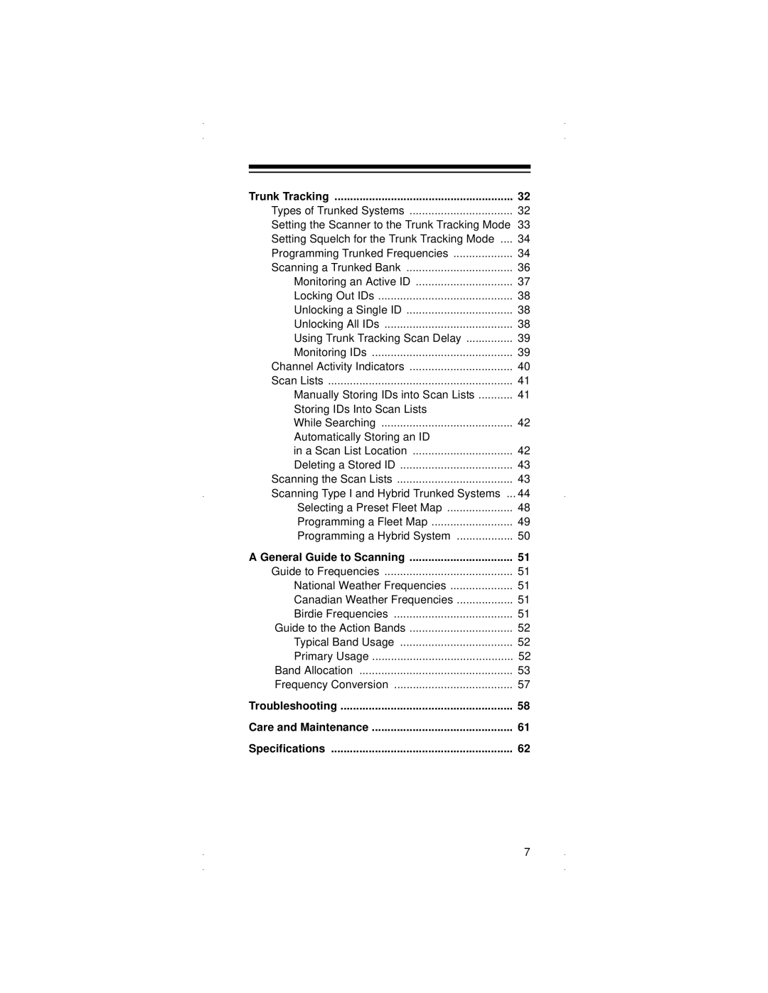 Radio Shack PRO-90 Trunk Tracking, General Guide to Scanning, Troubleshooting Care and Maintenance Specifications 