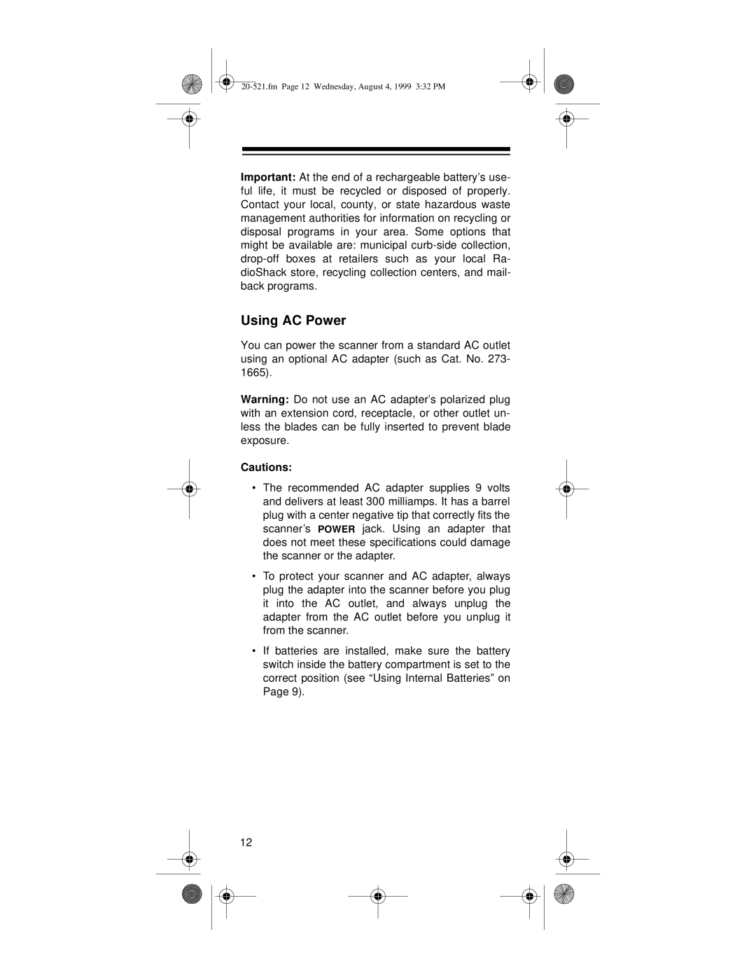 Radio Shack PRO-91 owner manual Using AC Power 