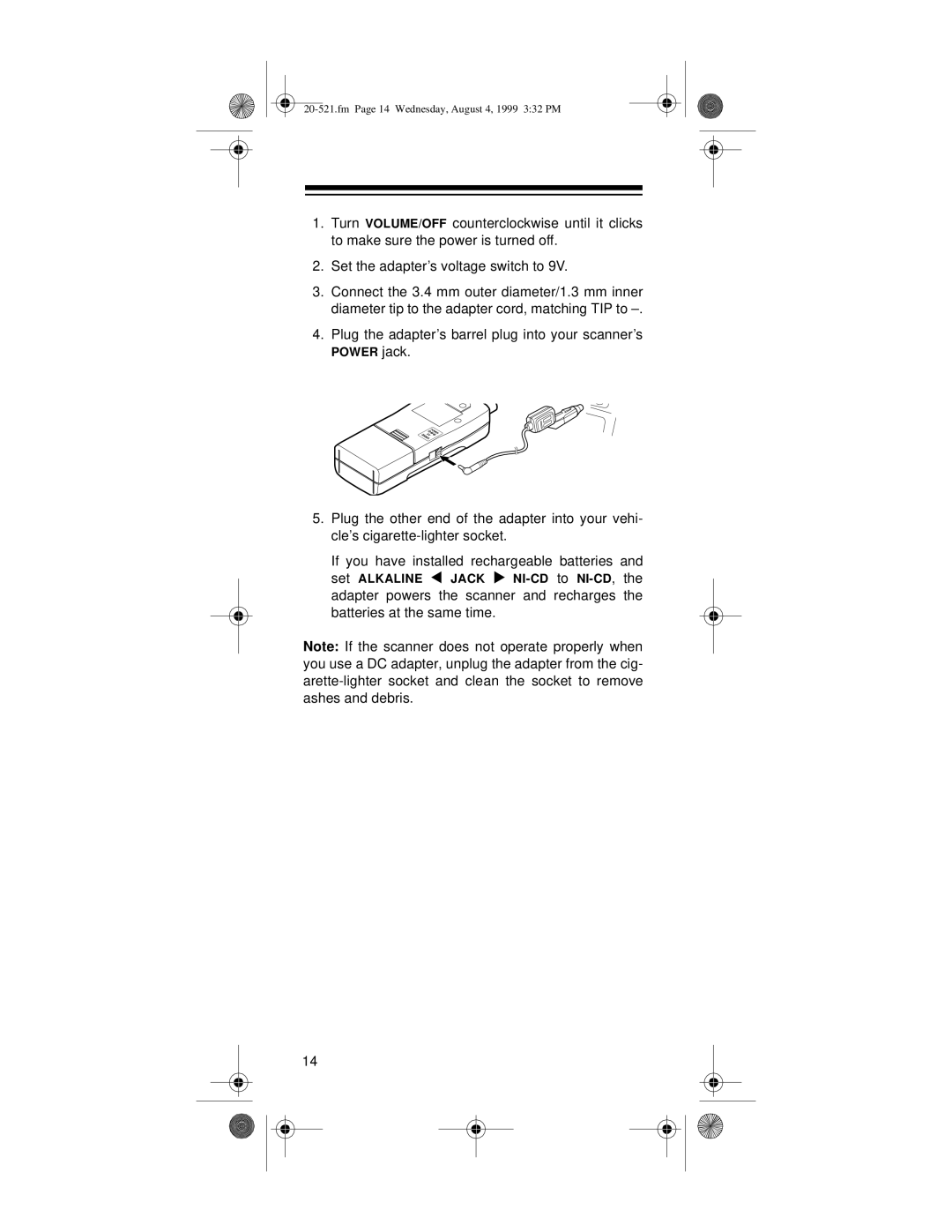 Radio Shack PRO-91 owner manual Plug the adapter’s barrel plug into your scanner’s 