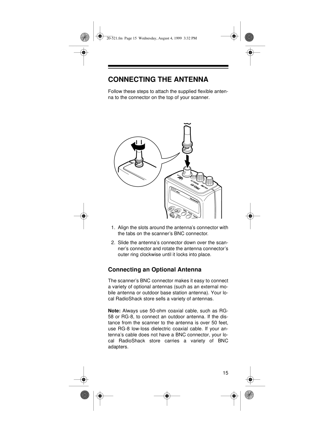 Radio Shack PRO-91 owner manual Connecting the Antenna, Connecting an Optional Antenna 