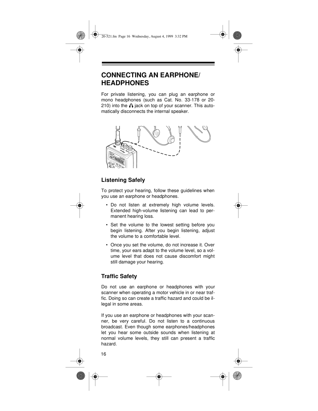 Radio Shack PRO-91 owner manual Connecting AN EARPHONE/ Headphones, Listening Safely, Traffic Safety 