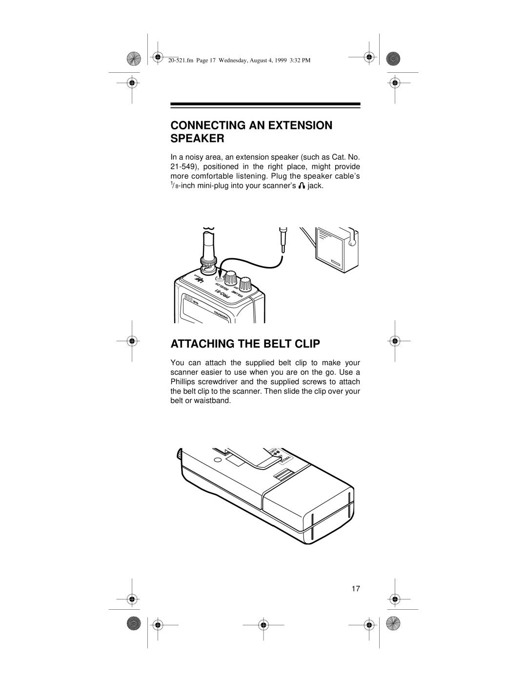 Radio Shack PRO-91 owner manual Connecting AN Extension Speaker, Attaching the Belt Clip 