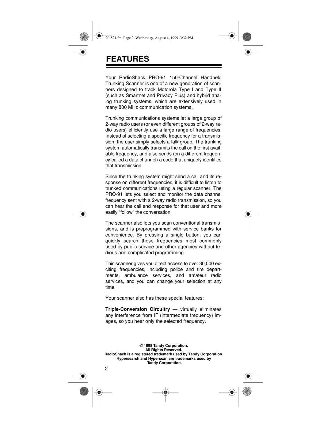 Radio Shack PRO-91 owner manual Features 