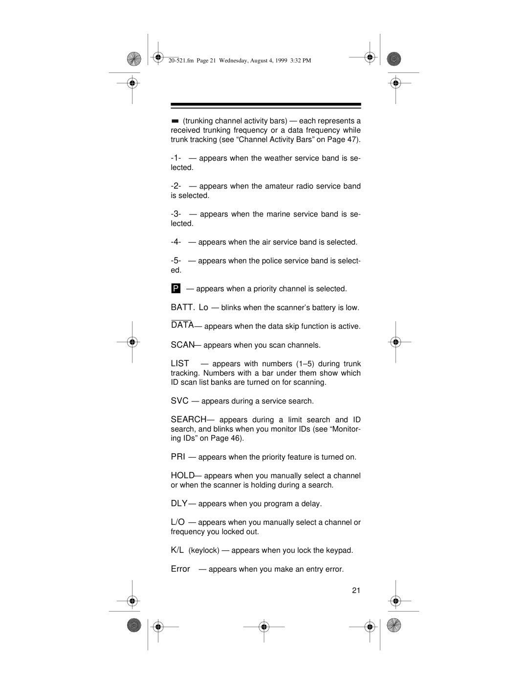 Radio Shack PRO-91 owner manual Fm Page 21 Wednesday, August 4, 1999 332 PM 