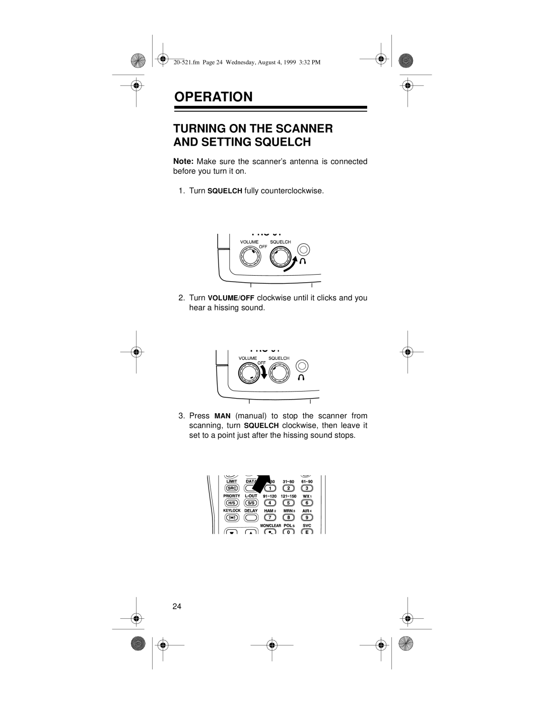 Radio Shack PRO-91 owner manual Operation, Turning on the Scanner and Setting Squelch 