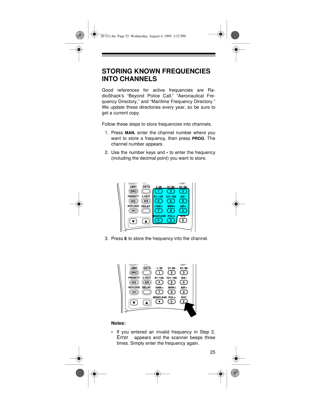 Radio Shack PRO-91 owner manual Storing Known Frequencies Into Channels 