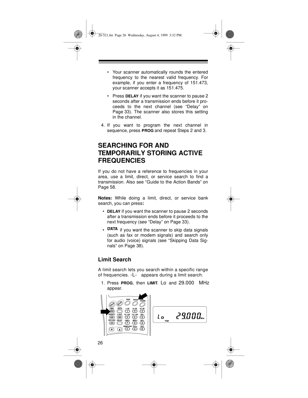 Radio Shack PRO-91 owner manual Searching for and Temporarily Storing Active Frequencies, Limit Search 